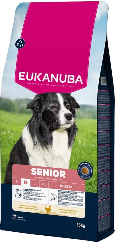 Speciální Cena EUKANUBA Senior Medium Breeds Chicken 15 kg krmivo pro starší psy středních plemen bohaté na čerstvé kuřecí maso
