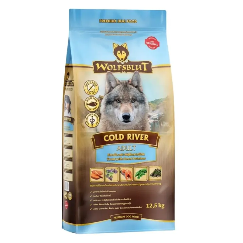 Finální Výprodej WOLFSBLUT Cold River Adult suché krmivo pro psy se pstruhem a sladkými bramborami 12,5 kg