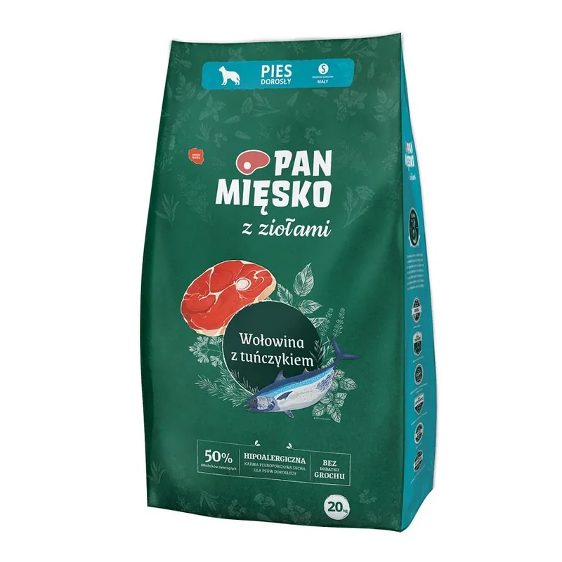 PAN MIĘSKO pro malá plemena S 20 kg s bylinkami, hovězím masem a tuňákem Zlevněný