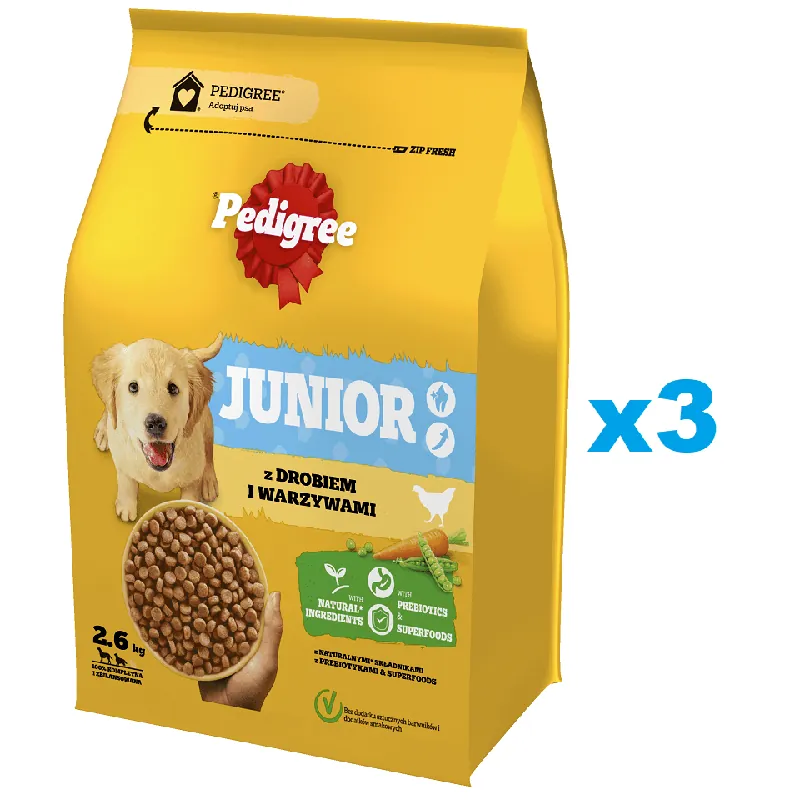PEDIGREE Junior 3x2,6 kg s drůbeží a zeleninou, kompletní krmivo pro rostoucí psy velkých a středních plemen Nová Kolekce