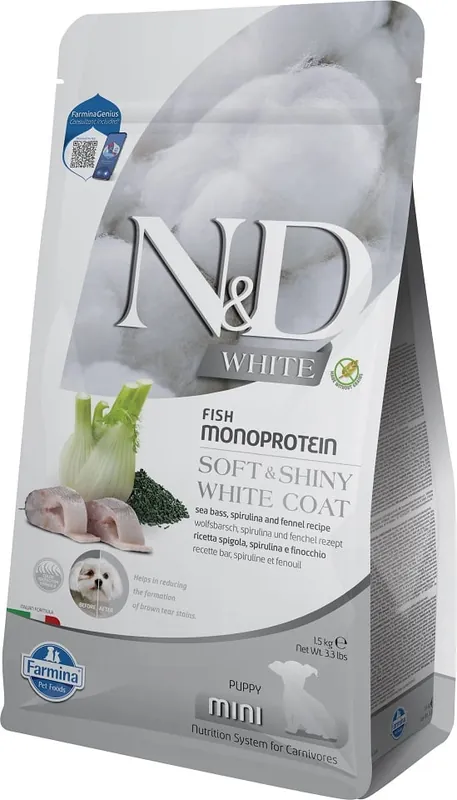 Zlevněný FARMINA N&D White Dog Puppy Mini Sea Bass, Spirulina, Fennel 1,5 kg