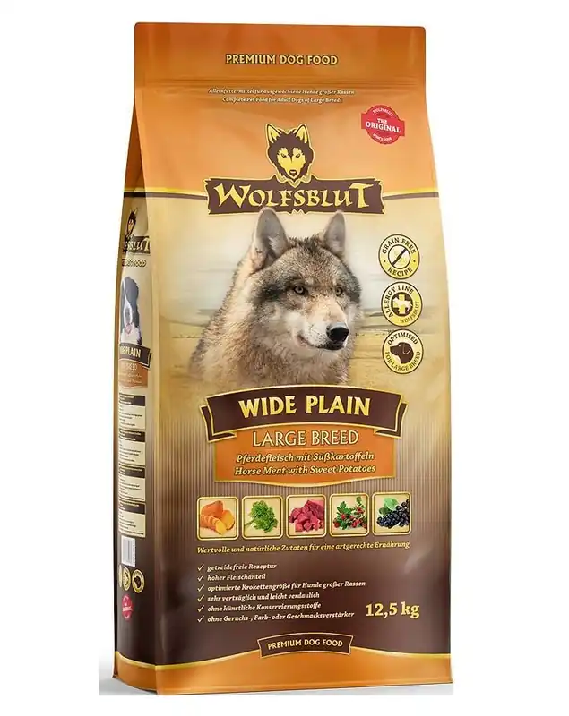WOLFSBLUT Wide Plain Large Breed Adult suché krmivo pro alergické psy velkých plemen s koňským masem a sladkými bramborami 12,5 kg Akční Cena