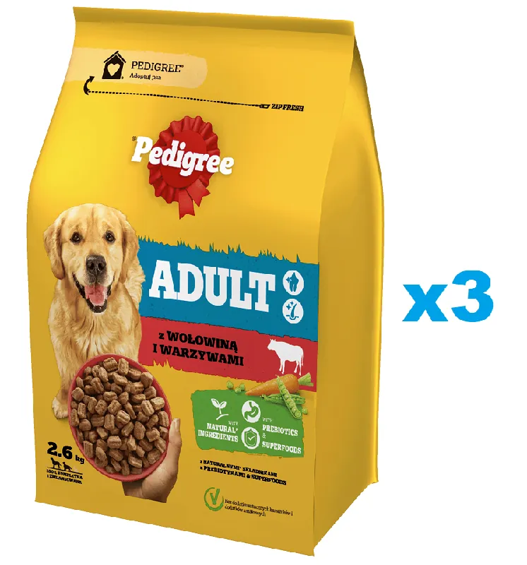 Tovární Cena PEDIGREE Adult 3x2.6 kg s hovězím masem a zeleninou, kompletní krmivo pro dospělé psy velkých a středních plemen