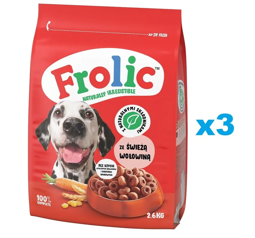 FROLIC Naturally Irresistible 3x2,6 kg polovlhké krmivo pro psy s čerstvým hovězím masem Výhodná Nabídka