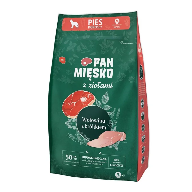 Novinka PAN MIĘSKO pro střední plemena M 3 kg s bylinkami Hovězí maso s králíkem
