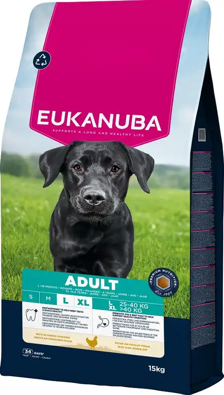 Super Cena EUKANUBA Adult Large Breeds Chicken 15 kg krmivo pro psy velkých plemen bohaté na čerstvé kuřecí maso