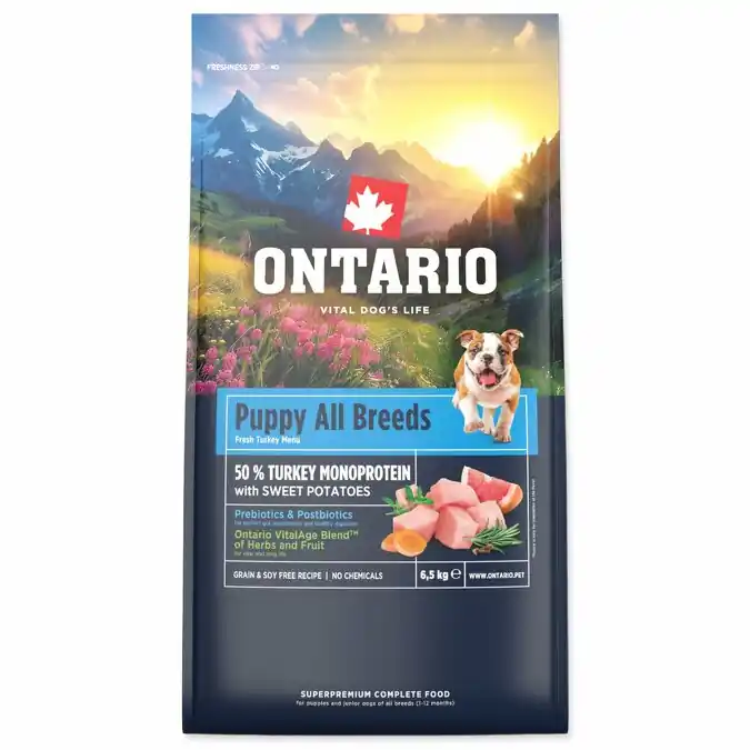 Nová Kolekce Ontario Puppy & Junior All Breeds Monoprotein Turkey & Sweet Potatoes 20kg